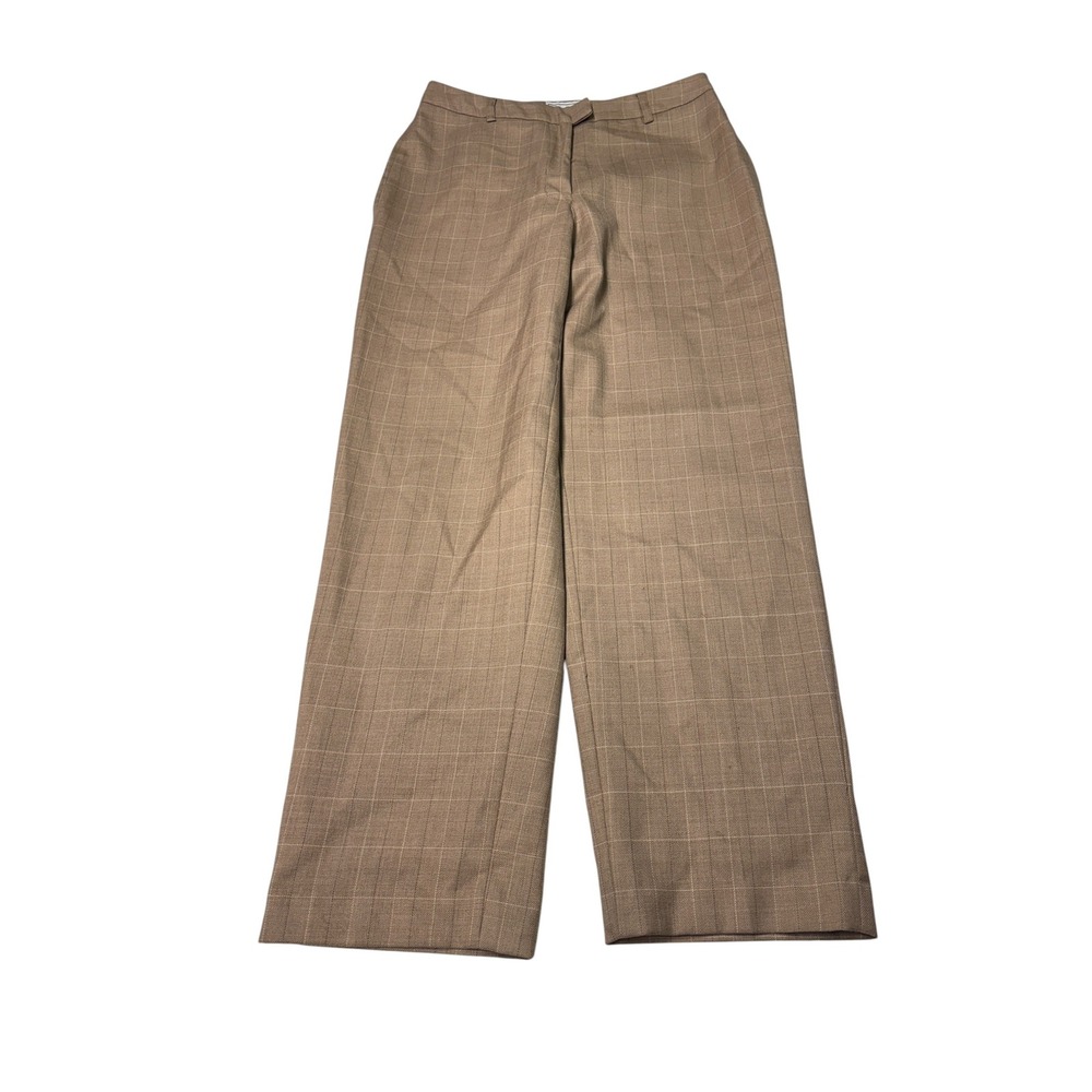 Vintage 90s LL Bean Womens 6P W28 L28 Tan Wool Windowpane Plaid Wide Leg USA